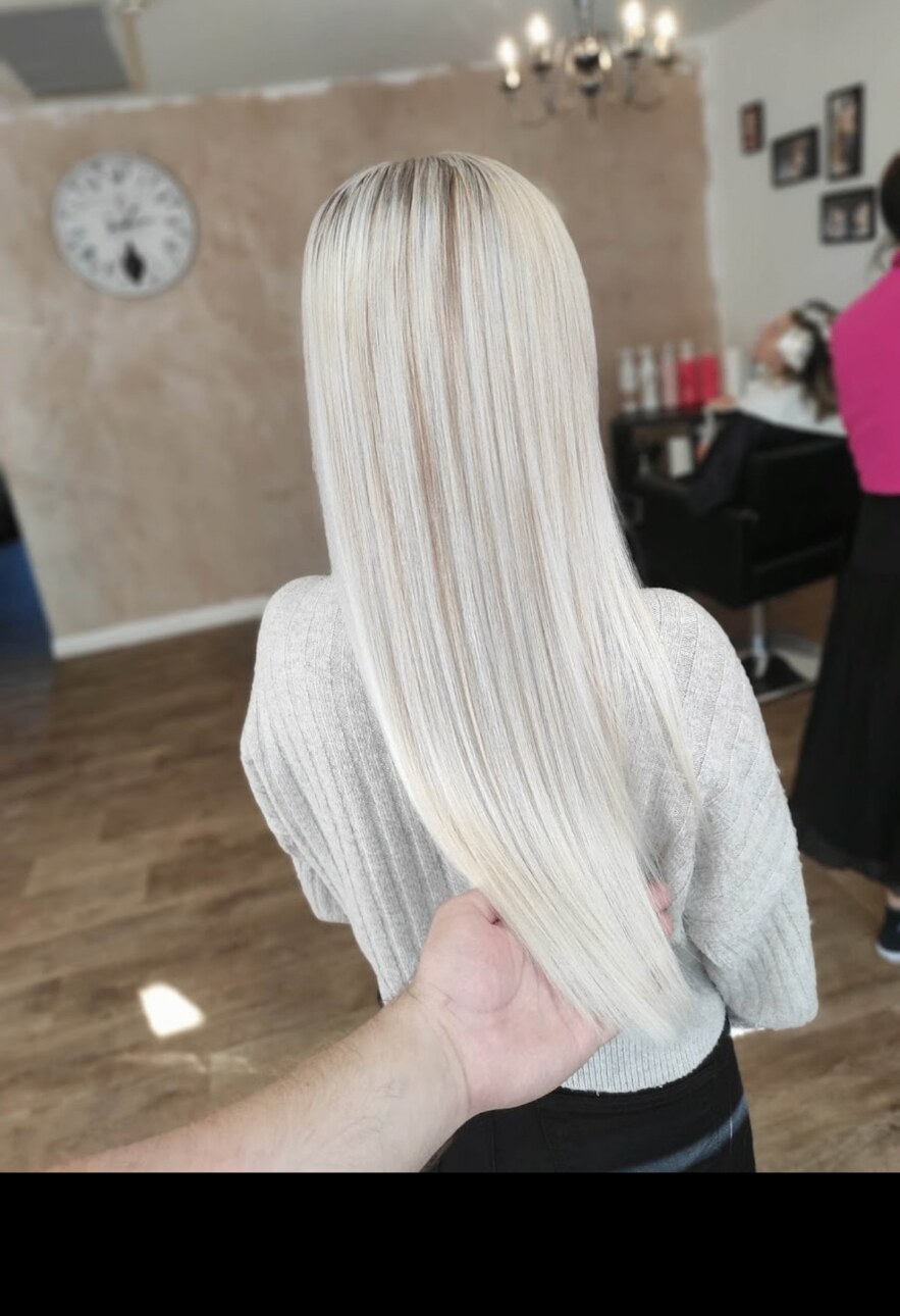 Icy platinum blonde long straight hair
