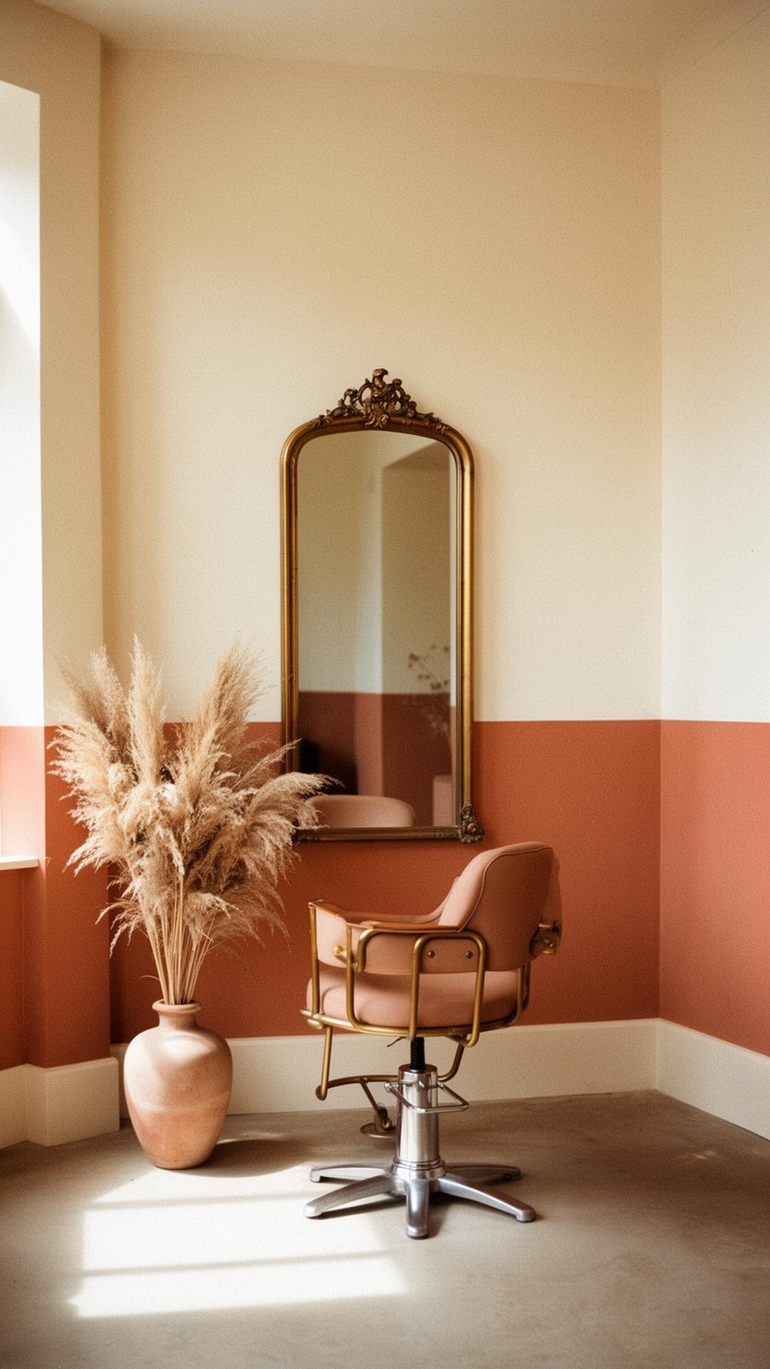 Interior of Vikki's hair studio with warm terracotta walls
