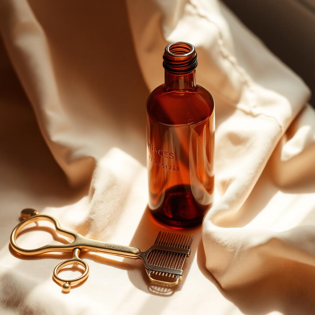 Brass scissors and amber bottle on linen